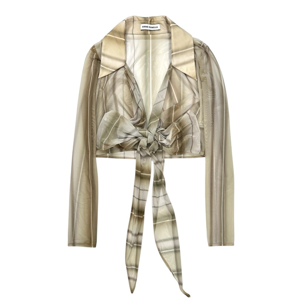 Anne Isabella Adele Mesh Top - Green Gray Striped Sheer Long Sleeve Wrap Blouse